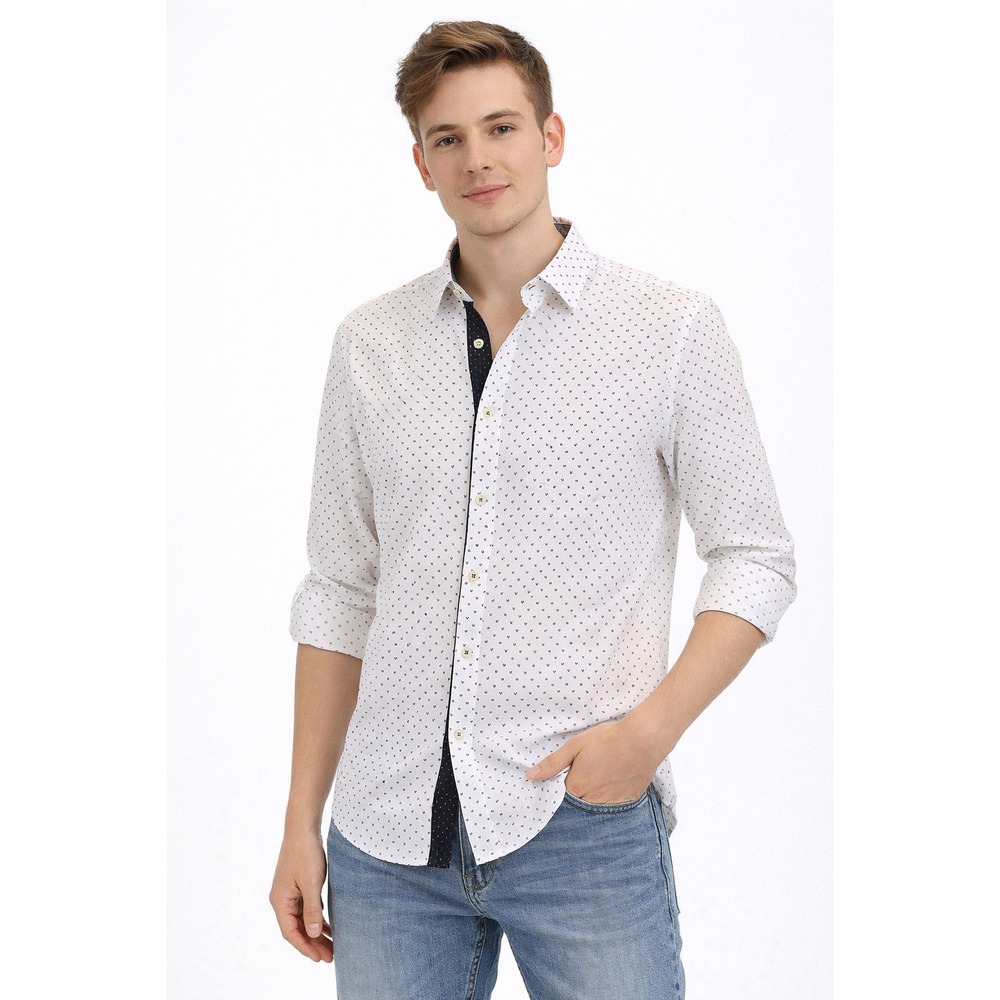 Level Ten Button Down Shirt Mens Small White Navy Micro Dot Long Sleeve Modern